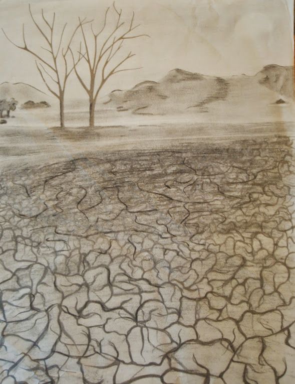 a drawing of a tree in the middle of a barren field with no leaves on it