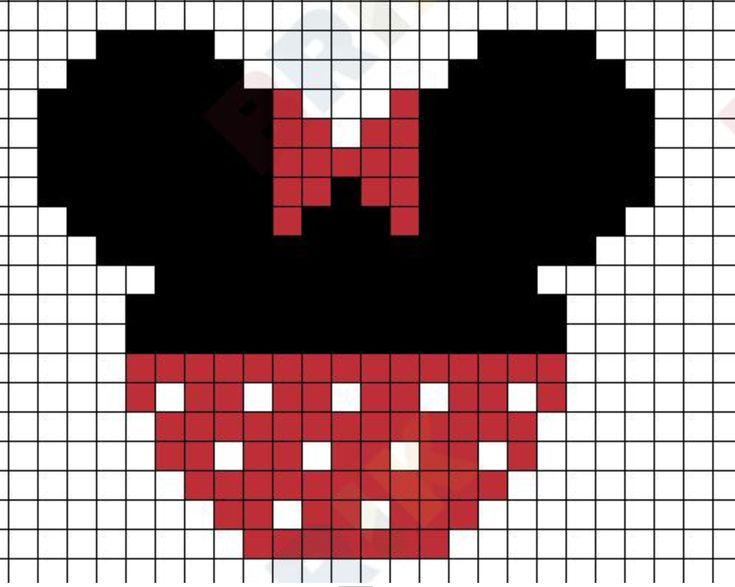 a cross stitch mickey mouse head with red and black dots on it's face