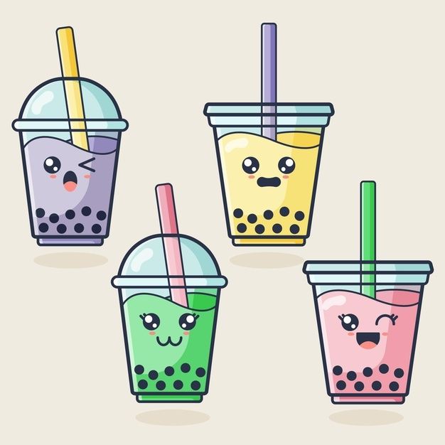 four different colored drinks with faces drawn on the lids and straws in their cups