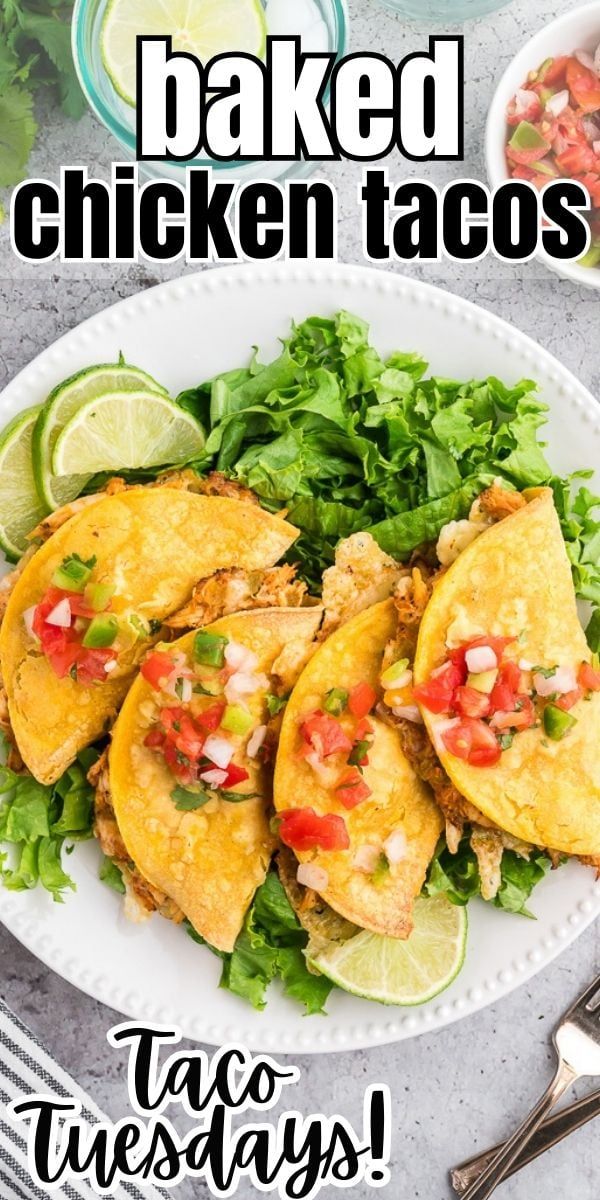 a white plate topped with chicken tacos next to a bowl of salsa and lime wedges