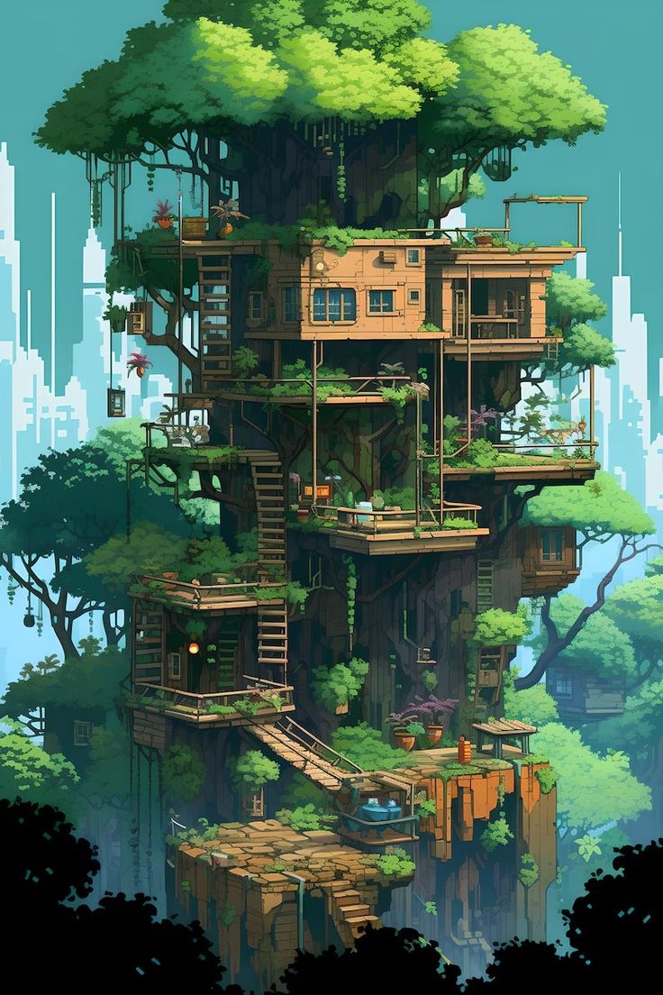 a tree house in the middle of a forest with lots of trees on top of it