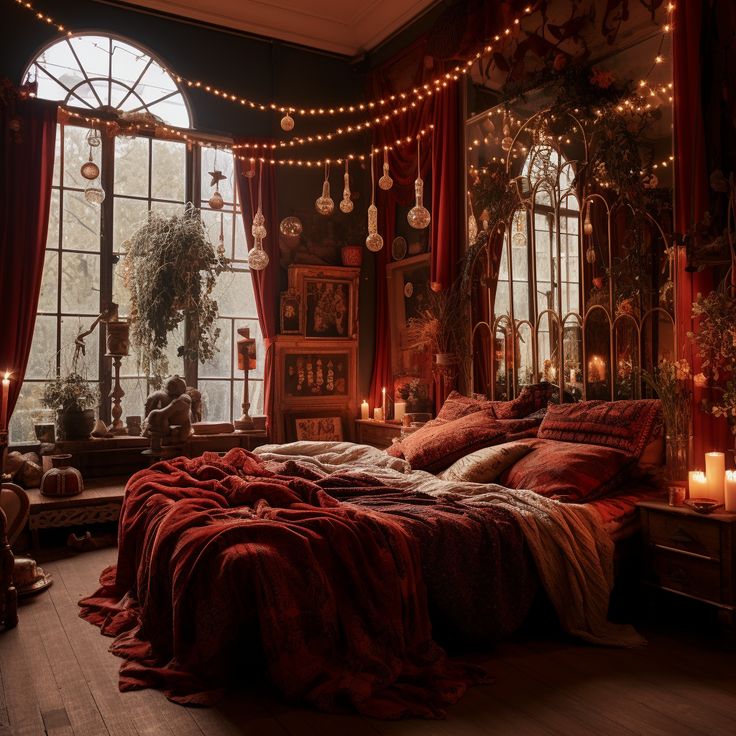 a large bed sitting in a bedroom next to two windows with lit candles on them