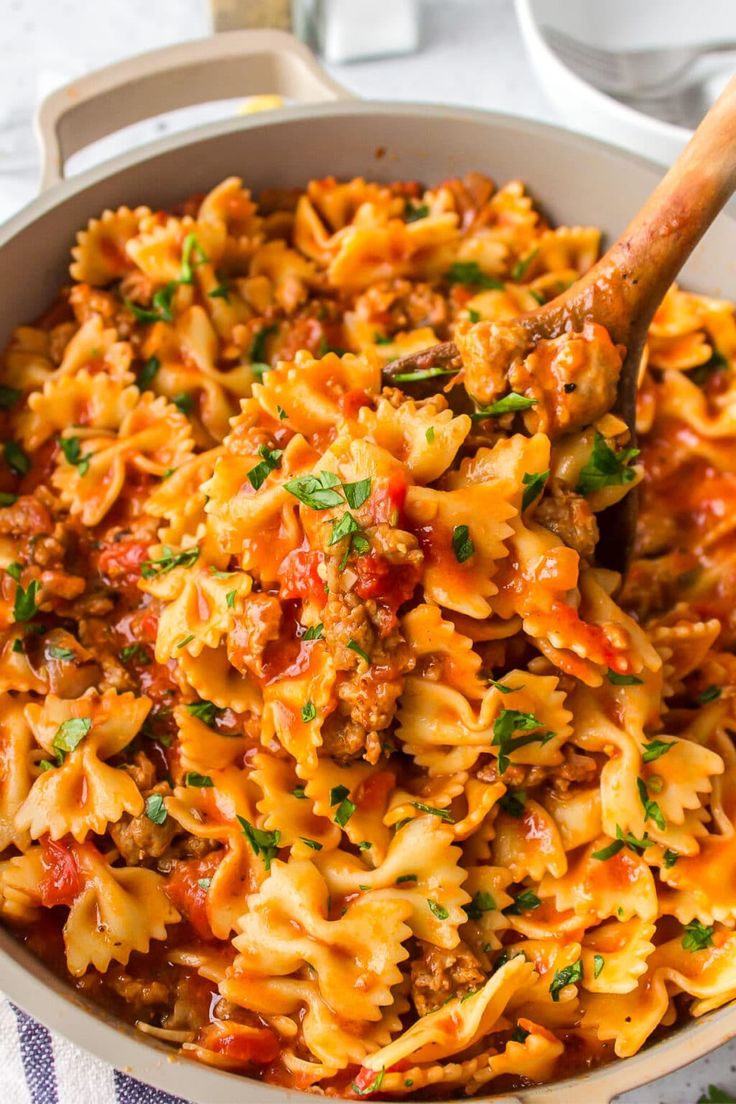 Sausage Bow Tie Pasta - Cook Dinner Tonight Bow Tie Pasta And Sausage Recipes, Pasta With Bow Tie Noodles, Brat Pasta Recipe, 1 Pan Pasta Recipes, Italian Sausage Bow Tie Pasta, Easy Bow Tie Pasta Recipes, Italian Sausage Bowtie Pasta, Bowtie Pasta With Sausage, Bow Pasta Recipes