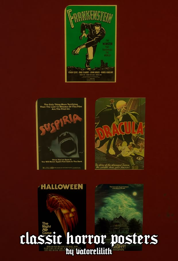 posters are hanging on the wall in front of a red door with black lettering and an image of dracula