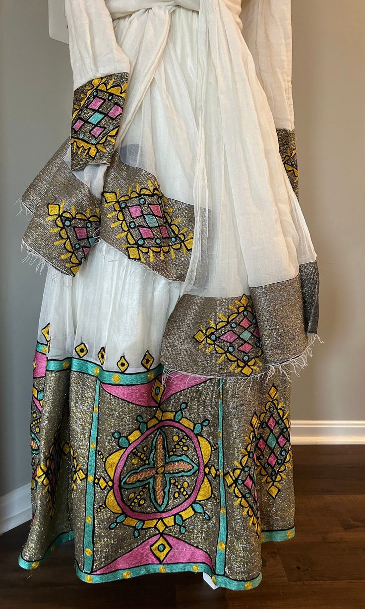 Ethiopian Eritrea culture dress very elegant beautiful dress for any event size 5.6 Traditional Drape Evening Dresses For Spring, Spring Evening Dress With Traditional Drape, Elegant Long Skirt Lehenga For Spring, Elegant Spring Lehenga Long Skirt, Elegant Spring Lehenga, Traditional Floor-length Evening Skirt, Traditional Evening Floor-length Skirt, Bohemian Evening Gown For Festive Occasions, White Evening Dress With Traditional Drape