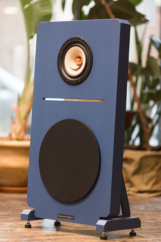 a blue speaker sitting on top of a wooden table next to a potted plant