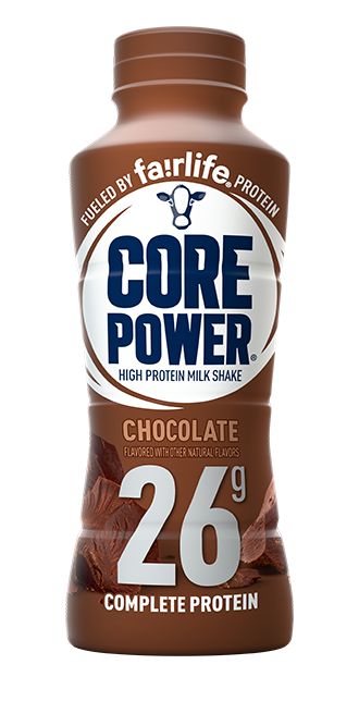 a bottle of chocolate protein drink on a white background with the words core power in it