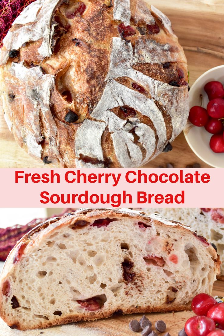 fresh cherry chocolate sourdough bread on a cutting board