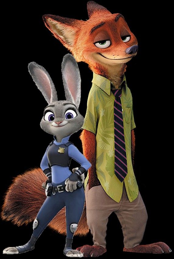 two cartoon characters are standing next to each other, one is dressed as a fox and the other has a rabbit