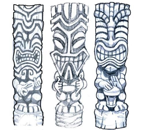 three totems with different designs on them