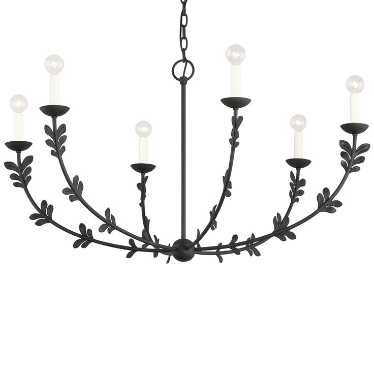 a black chandelier with five candles hanging from it's arms and leaves