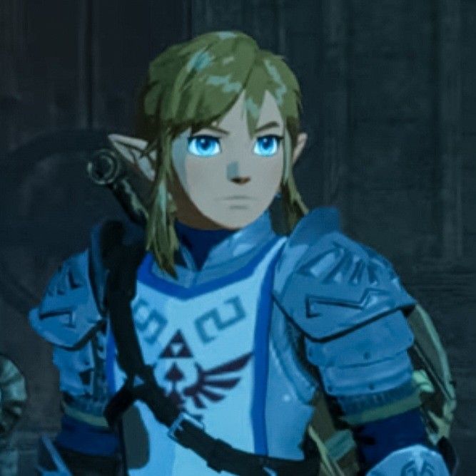 the legend of zelda is standing in front of an old building with blue eyes