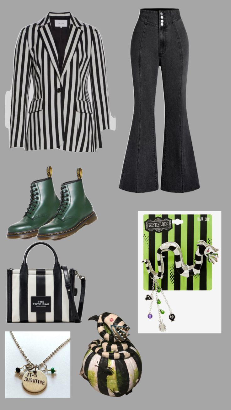 a collage of black and white outfits with accessories