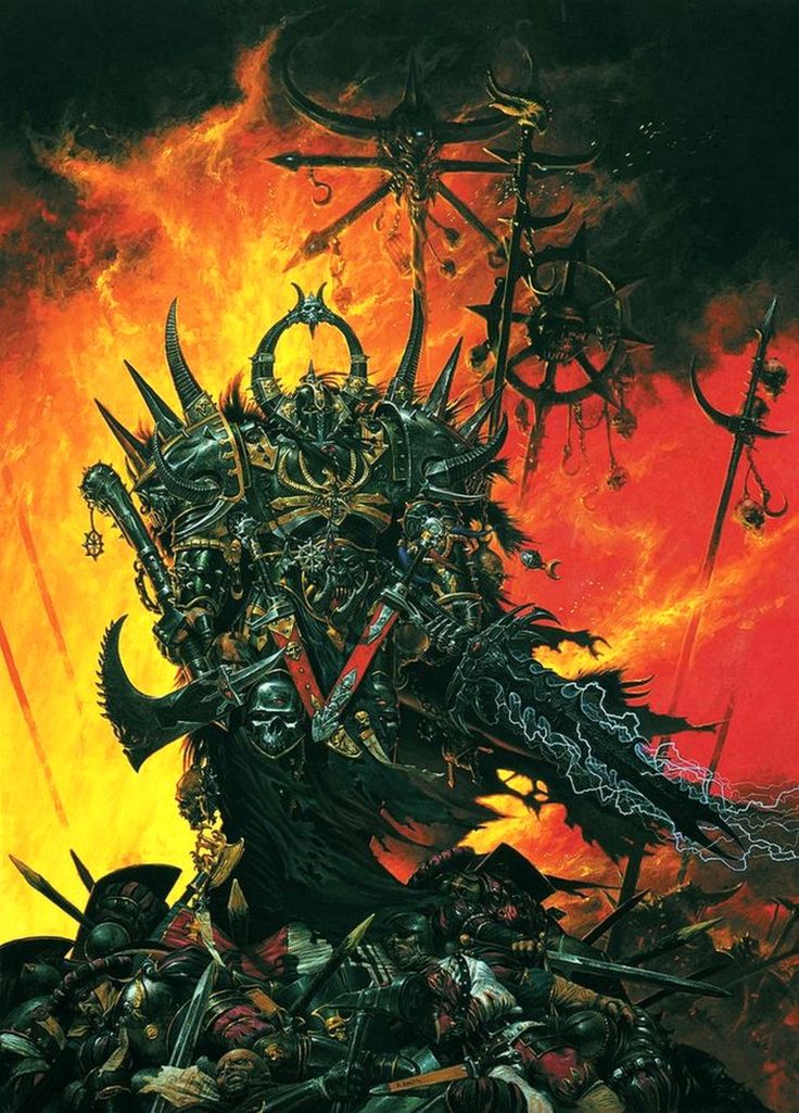 a painting of a demonic demon standing on top of a pile of skulls and swords