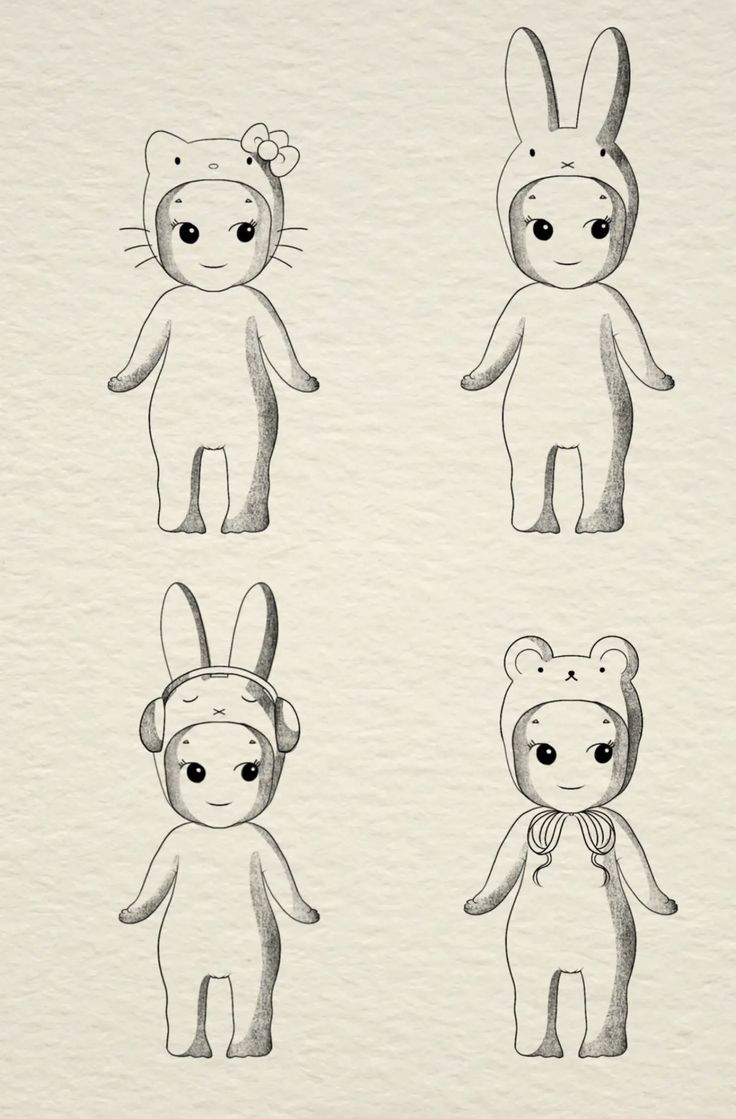 four different drawings of stuffed animals with ears and eyes, one in the middle is wearing a bunny costume