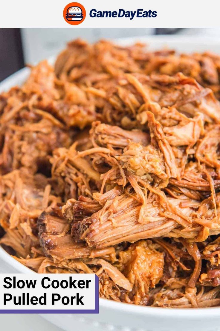 slow cooker pulled pork in a white bowl