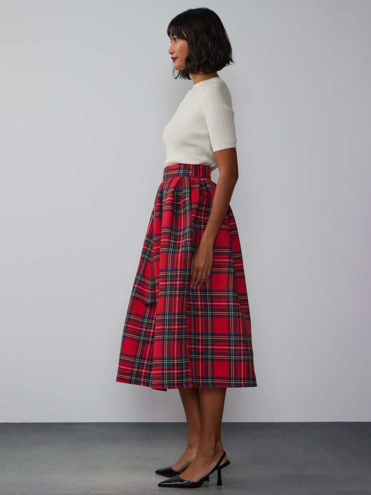 Tartan Pleated Midi Skirt | NY&Co Women's Wool Skirt, Christmas Skirts Women Classy With Boots, Plad Midi Skirt, Christmas Skirts Women, Stewart Plaid Skirt, A Line Winter Skirts, High Waisted Tartan Skirt, Tartan Bubble Skirt, Pattern Winter Skirt