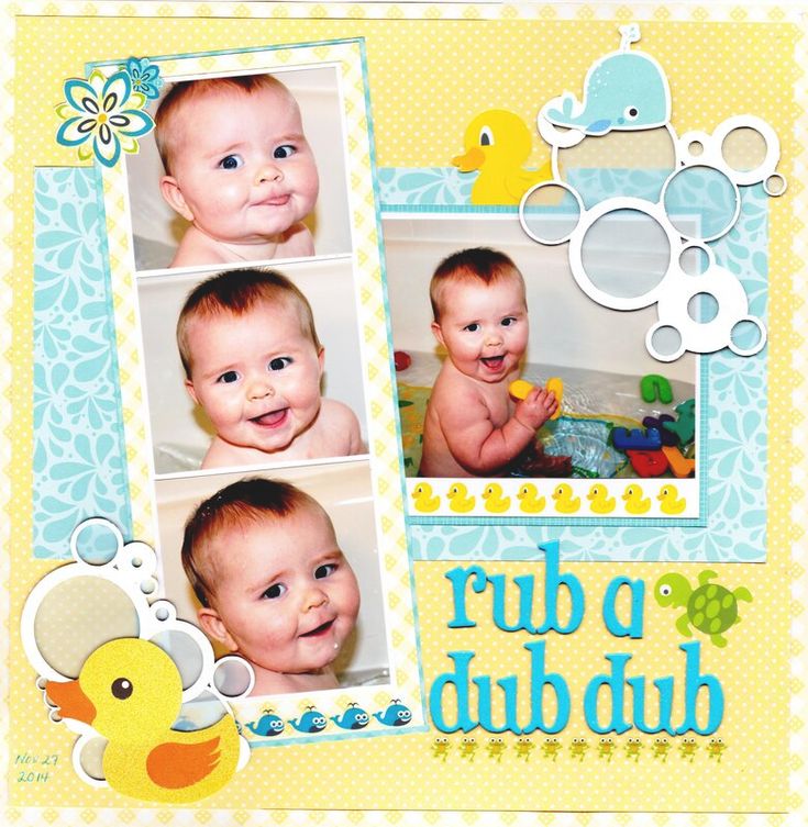 a scrapbook page with photos of babies in the bathtub and rubber duckies