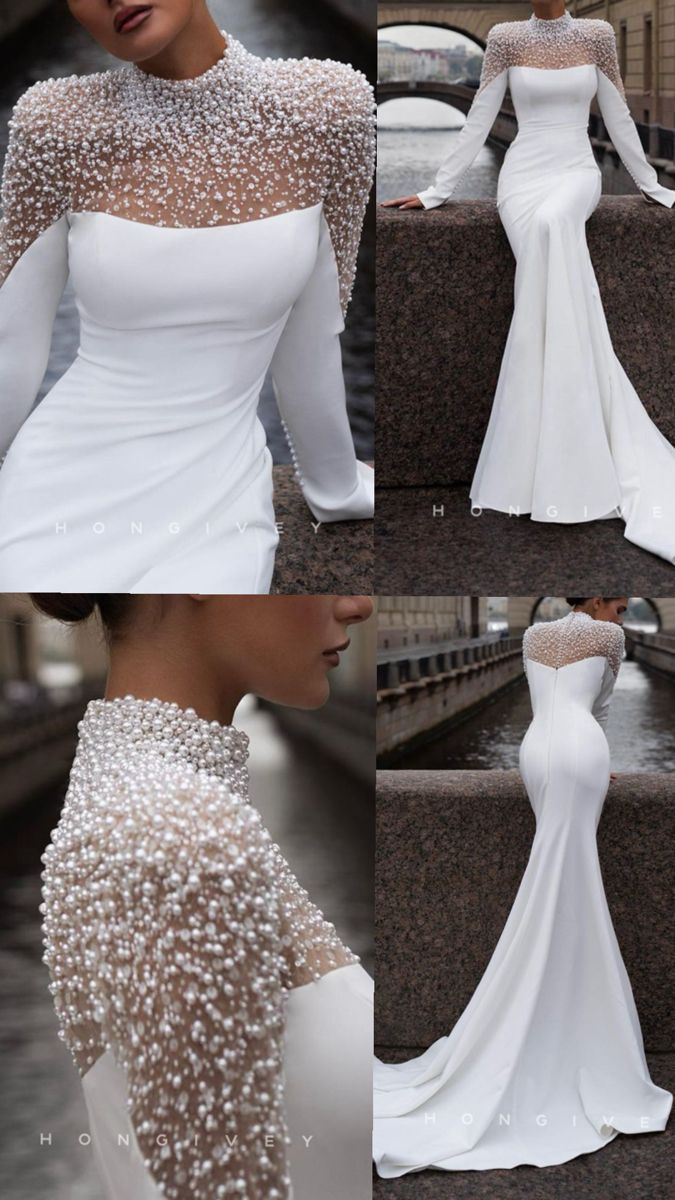 this is an image of a woman wearing a white wedding dress with pearls on it