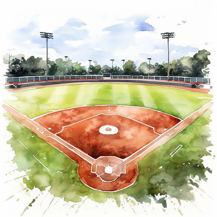 a watercolor painting of a baseball field