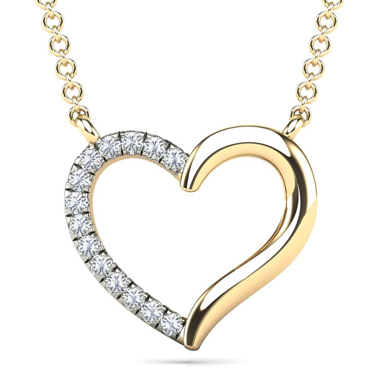 Celebrate love with this diamond accent heart necklace. In 14K yellow gold, 14 single cut diamond accents dazzle from one side of an open-heart. Polished gold scintillates from the other half of the heart, offering unmissable glimmer. | Diamond Accent Heart Necklace | 14K Yellow Gold | Size 18" | Helzberg Diamonds Heart Shape Pendant Diamond, Yellow Gold Diamond Open Heart Necklace, Diamond Open Heart Necklace In Yellow Gold, Yellow Gold Diamond Necklace With Open Heart Shape, Yellow Gold Diamond Necklace With Open Heart Design, Brilliant Cut Yellow Gold Diamond Necklace For Valentine's Day, Yellow Gold Open Heart Diamond Necklace, Yellow Gold Open Heart Necklace With Brilliant Cut, Fine Jewelry Yellow Gold Open Heart Diamond Necklace