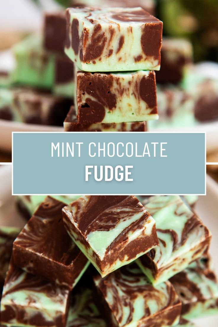 mint chocolate fudge bars stacked on top of each other with the words mint chocolate fudge