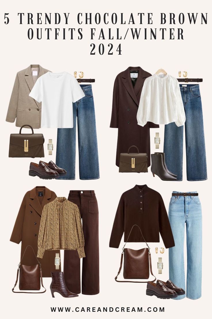 Outfits For 2024 Winter, Dark Winter Fall Outfits, Outfits With Neutral Colors, Outfits With Brown Jeans Winter, Brown Grandpa Sweater Outfit, Winter Trends 2024 Outfits, Brown Slacks Outfit Women Casual, How To Layer Outfits Fall, Dressing For 50 Degree Weather