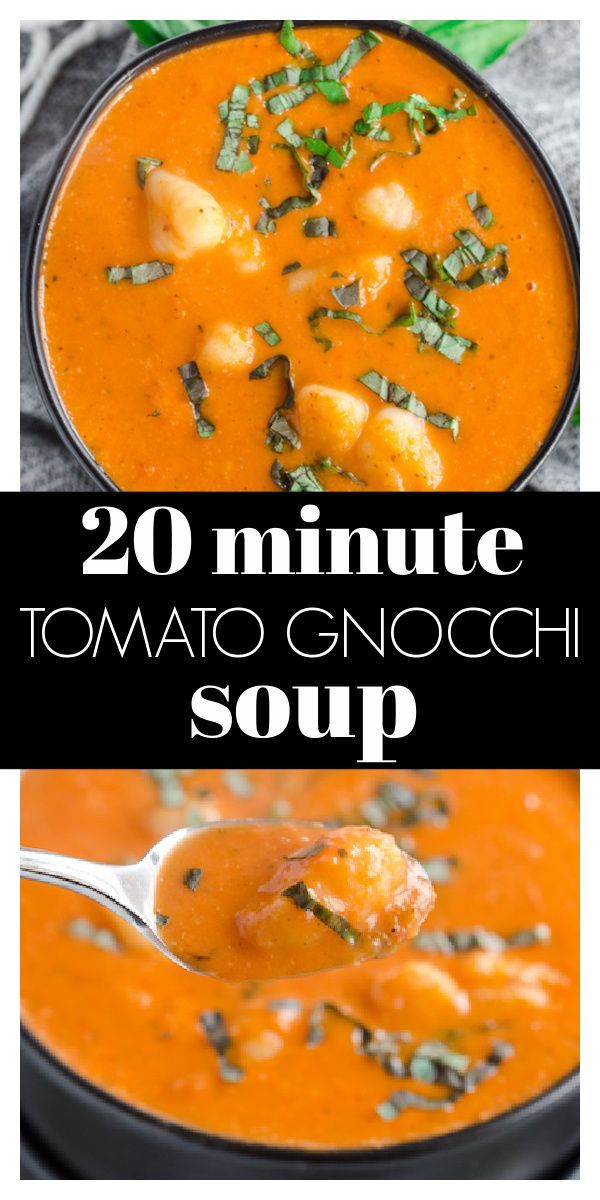 creamy tomato gnocchi soup in a black bowl with a spoon full of it