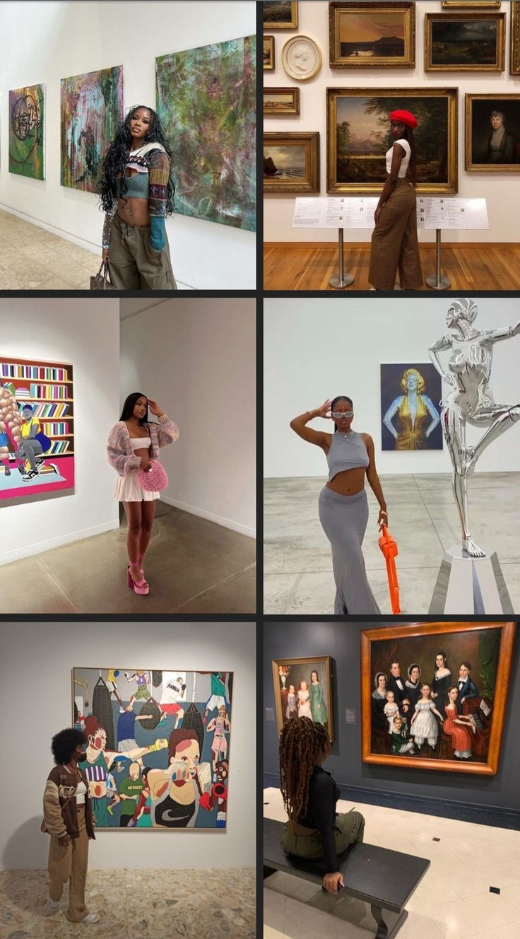 several pictures of people looking at art on display in an art gallery, including paintings and sculptures