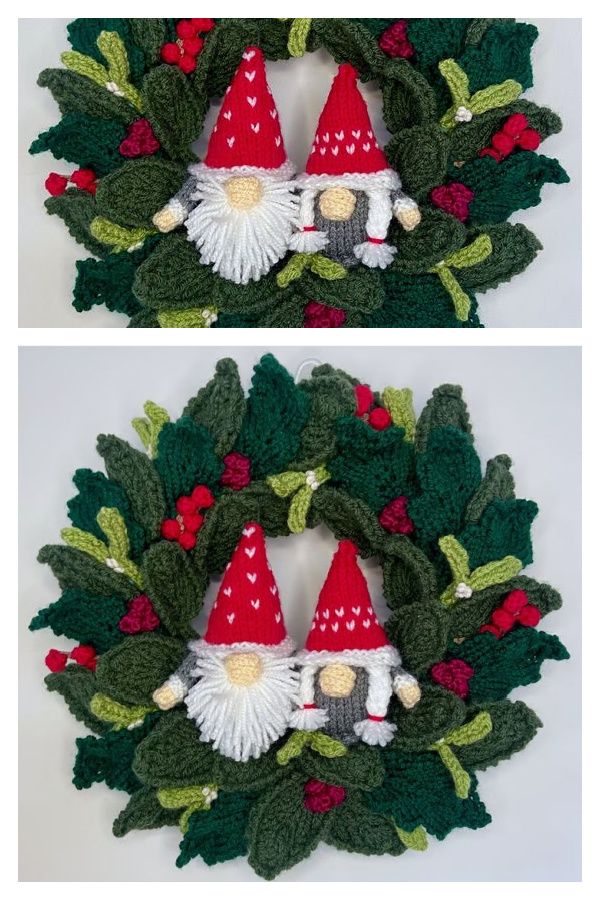 two crocheted christmas wreaths with gnome faces and holly leaves on the sides