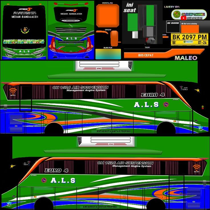 the front and back side of a bus with different colors on it, including blue, green