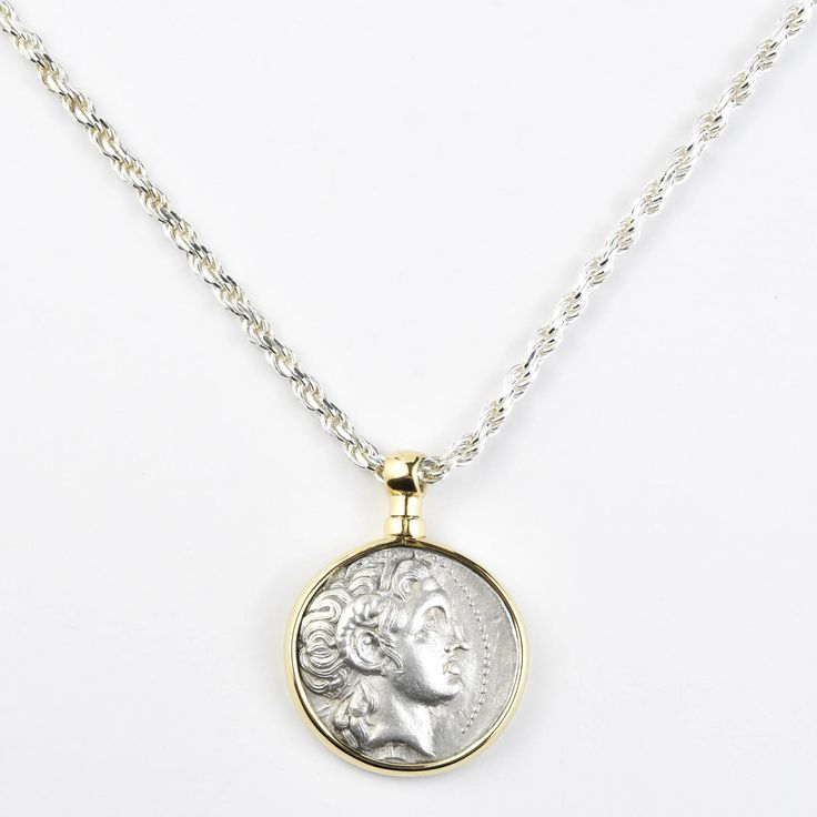 Ancient Alexander the Great Coin Necklace - Goldmakers Fine Jewelry Mythological Silver Jewelry With Coin Pendant, Silver Mythological Jewelry With Coin Pendant, Luxury Silver Coin Necklaces, Luxury Silver Medallion Coin Necklace, Luxury Silver Coin Necklace With Medallion, Luxury Silver Coin Necklace With Coin Pendant, Luxury Silver Coin Necklace With Pendant, Byzantine Silver Coin Necklace, Byzantine Silver Coin Jewelry