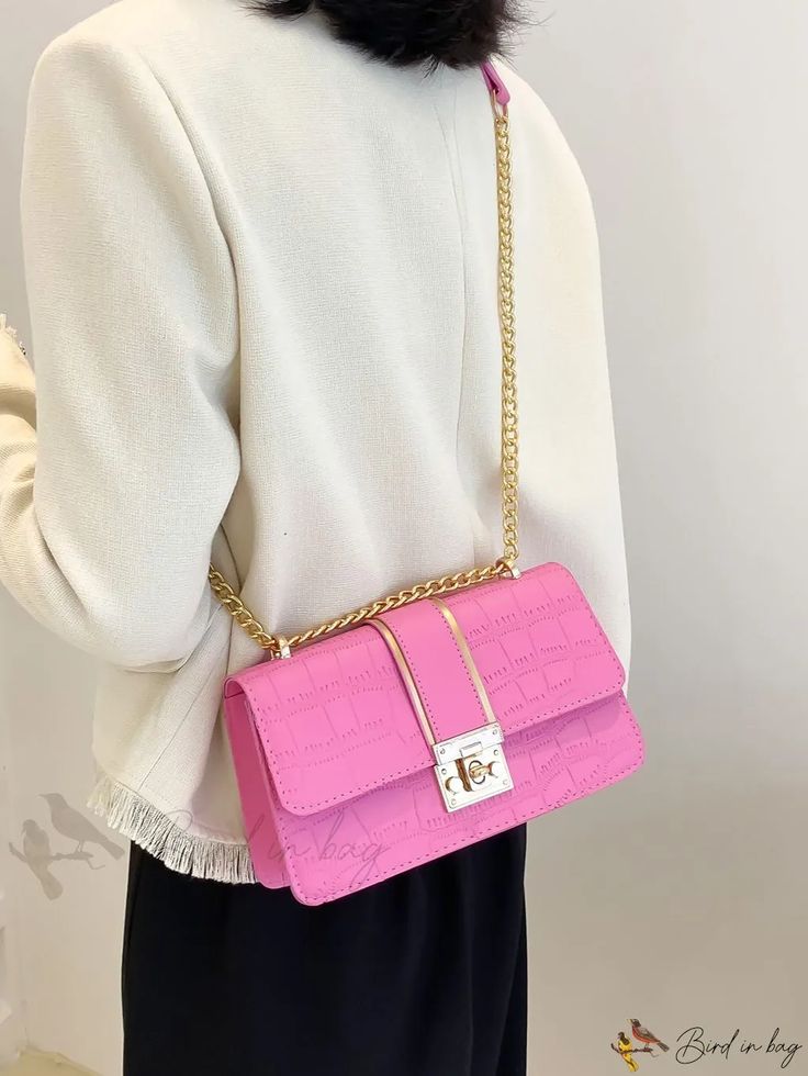 Bird in Bag - Embroidered Chain Flap Square Bag Elegant Rectangular Bag With Chain Print, Elegant Gold Bag With Chain Print, Pink Rectangular Chain Bag, Pink Rectangular Bag With Chain, Rectangular Pink Bag With Chain, Pink Rectangular Bag With Chain Detail, Rectangular Chain Print Bag For Everyday Use, Square Bag With Gold Chain For Daily Use, Rectangular Bags With Chain Print For Everyday Use