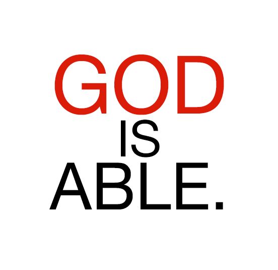 the words god is able are in red and black on a white background with an image of