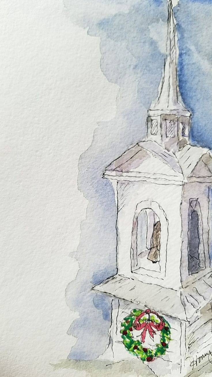 a watercolor drawing of a church with a wreath on the steeple and a bell tower