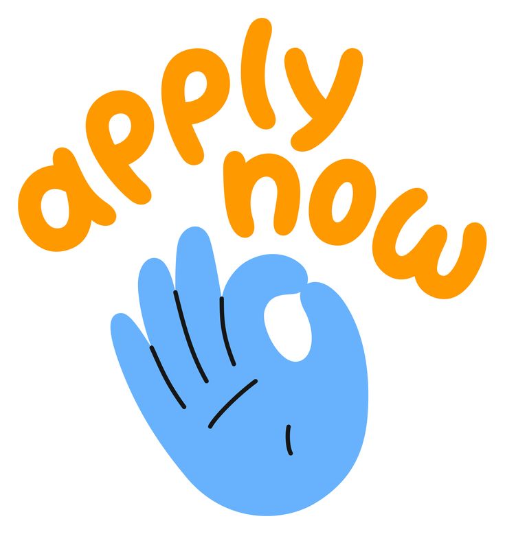 an orange and blue hand with the words apply now