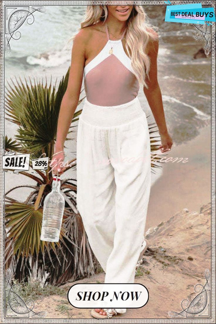 Fresh Air Pocketed Smocked Pants High Waist Harem Pants For Summer Vacation, White Casual Harem Pants For Beach, Solid Ankle-length Harem Pants For Beach, White Harem Pants For Beach In Summer, Beach High Waist Harem Pants With Elastic Waistband, Chic High Waist Harem Pants For Beach, High Waist Harem Pants With Elastic Waistband For Beach, White High Waist Harem Pants For Vacation, Chic High-waist Harem Pants For Beach