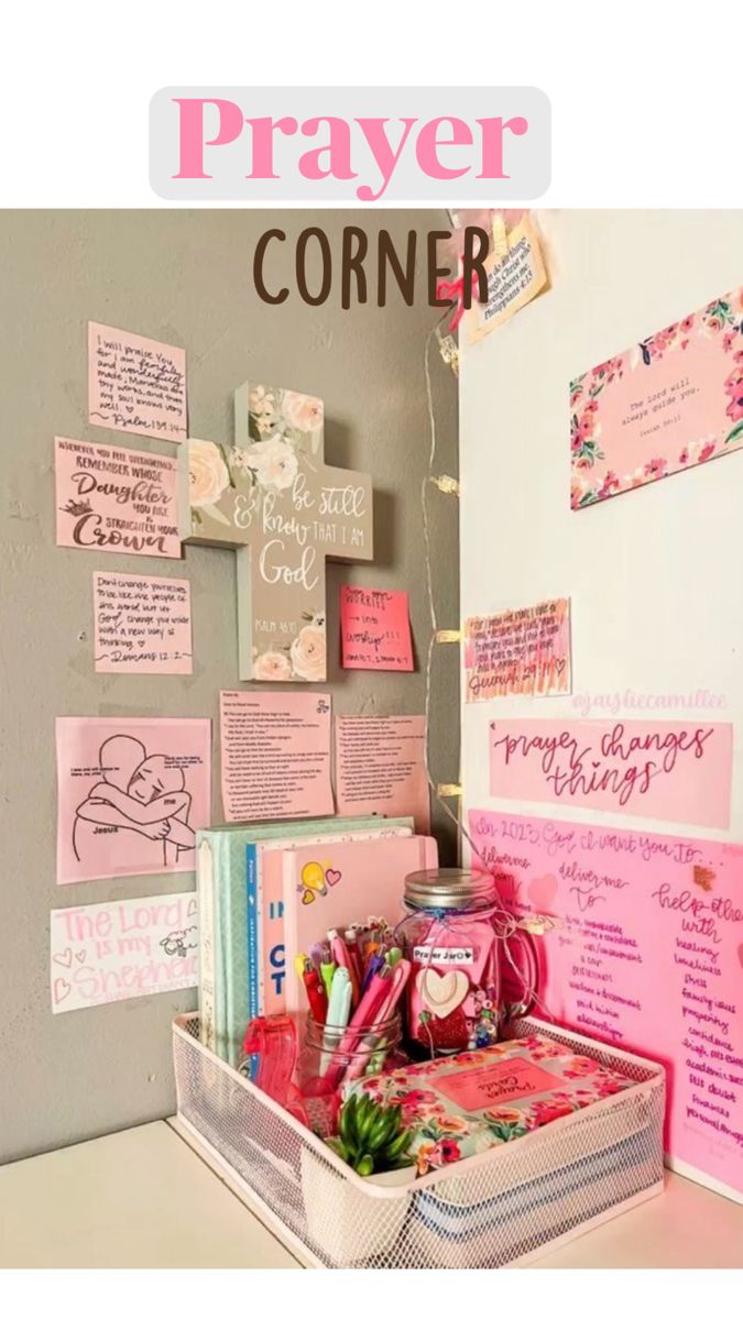 a white desk topped with lots of papers and magnets covered in pink writing next to a gray wall