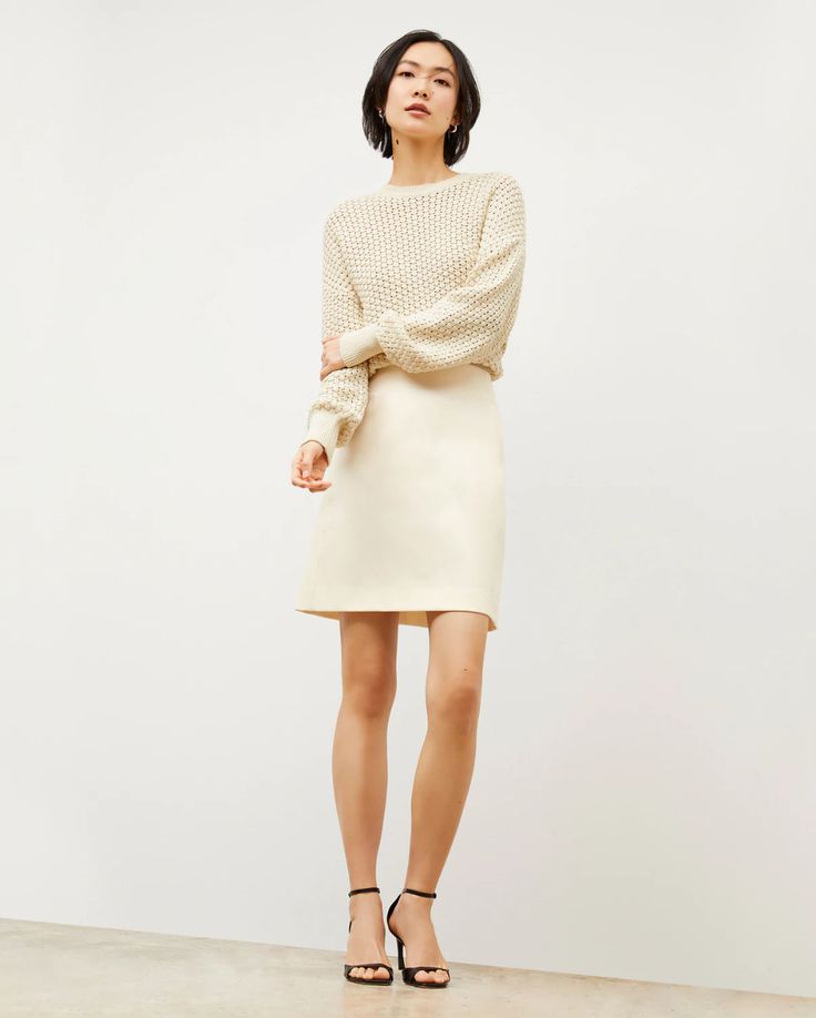 Rowley Skirt - Better Than Denim :: Tusk �– M.M.LaFleur Chic Relaxed Fall Skirt, Spring Chic Mini Pencil Skirt, Relaxed Mini Length Pencil Skirt For Spring, Chic Lined Pencil Skirt For Fall, Versatile Knee-length Skirt For Fall, Spring Beige Pencil Mini Skirt, Elegant Beige Cotton Mini Skirt, Chic Relaxed Pencil Skirt For Fall, Spring Pencil Skirt With Lined Skirt For Day Out