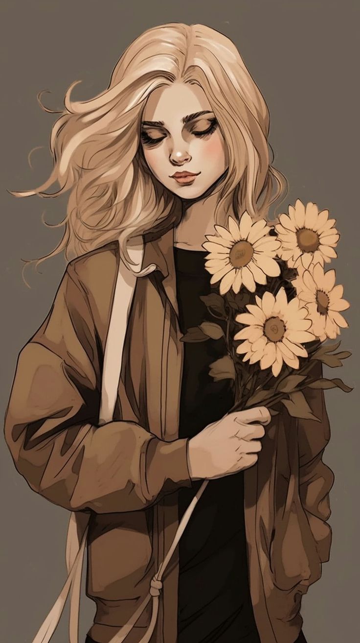 a drawing of a woman holding sunflowers