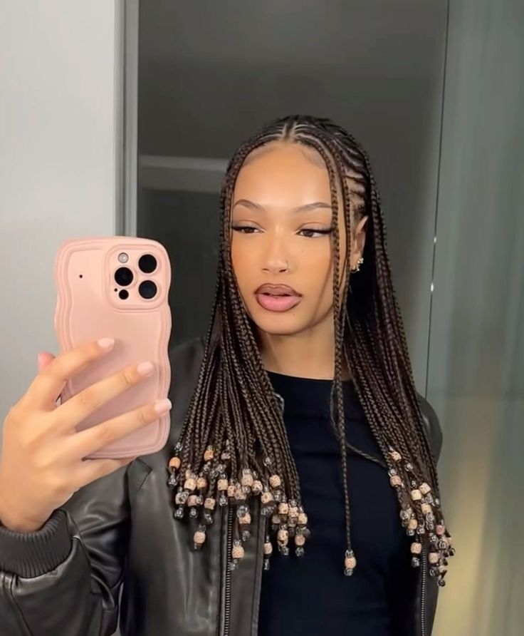 College Black Hairstyles, Cornrow Middle Part Braids, Fulani Braids With Two Front Strands, Braids Inspo Black Women, First Day Of School Braids, Hair Braids With Beads, Straight Hair Braids, Hair Braids Styles, Knotless Styles