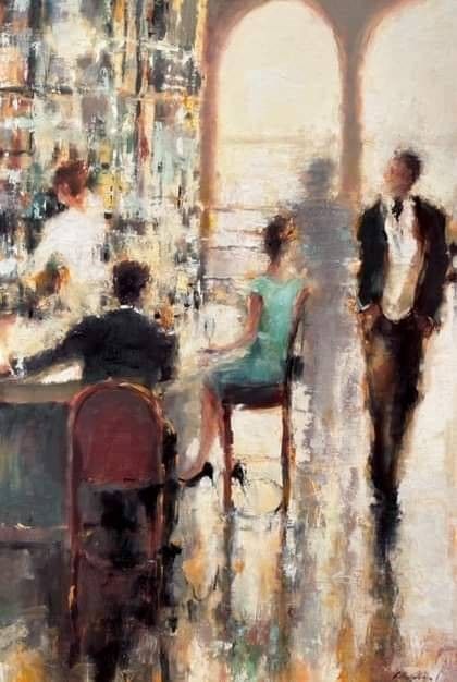 an oil painting of people sitting at a bar in front of a man and woman