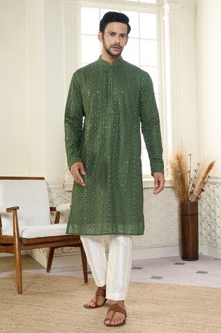 Mehendi green chikankari kurta with thread and sequin embroidery. - Aza Fashions Green Kurta With Naqshi For Festivals, Green Bollywood Sherwani With Chikankari Embroidery, Green Naqshi Traditional Wear For Festivals, Green Traditional Sherwani With Chikankari Embroidery, Green Sherwani With Chikankari Embroidery, Green Chikankari Kurta, Chikankari Kurta, Kurta Men, Green Thread