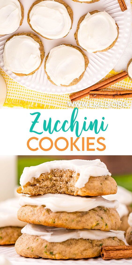 cookies with white frosting on top are stacked up in front of each other and the words zucchini cookies above them