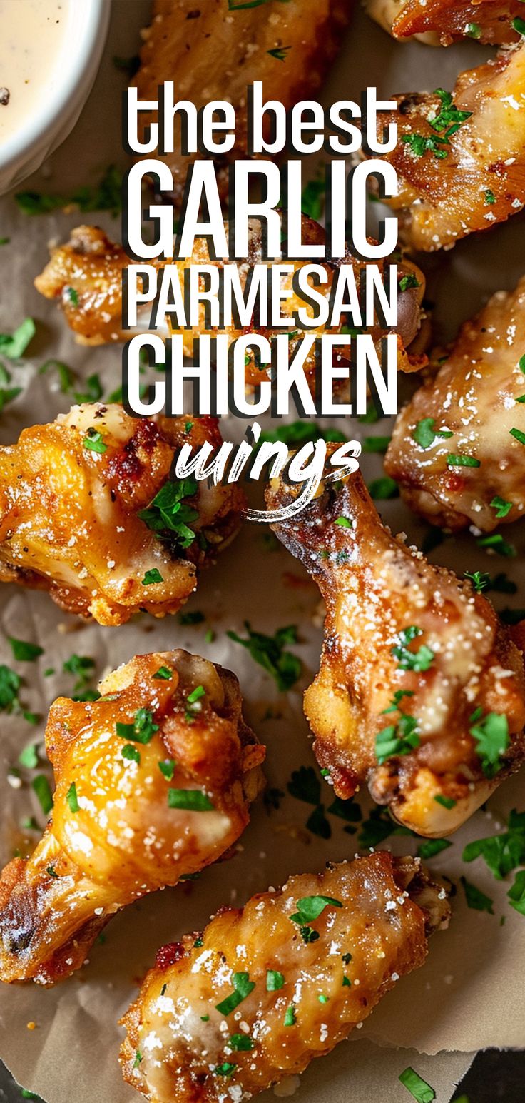 the best garlic parmesan chicken wings with dipping sauce on top and text overlay that says, the best garlic parmesan chicken wings