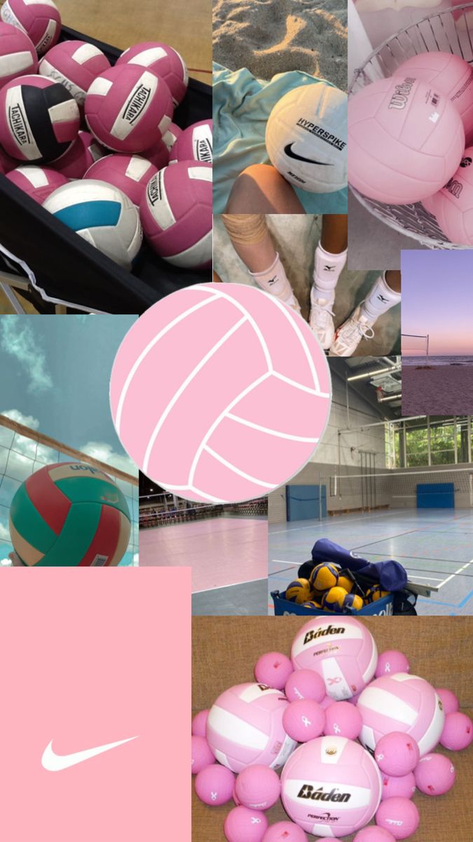 a collage of photos with pink and white volleyballs in the middle one has a nike logo on it