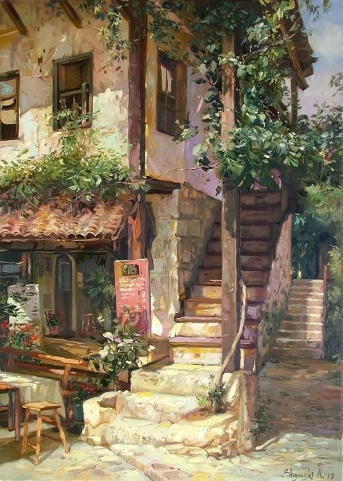 an oil painting of a house with stairs and flowers