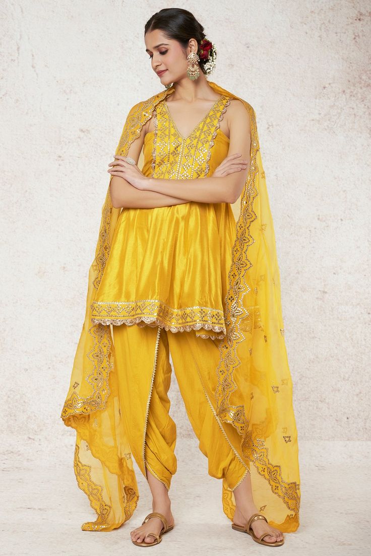 Gopi Vaid-Shiza Mustard Peplum And Dhoti Set-INDIASPOPUP.COM Summer Festive Anarkali Set With Gota Work, Party Wear Slub Silk Set With Gota Work, Traditional Drape Sets With Gota Work In Raw Silk, Party Sets In Slub Silk With Gota Work, Party Sets With Gota Work On Slub Silk, Party Sets With Gota Work In Slub Silk, Gold Sets For Eid, Slub Silk Sets For Party Festivals, Festival Cotton Silk Sets With Gota Work