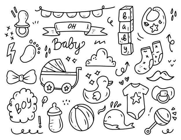 hand drawn doodle style baby items and things for the child's room, black and white