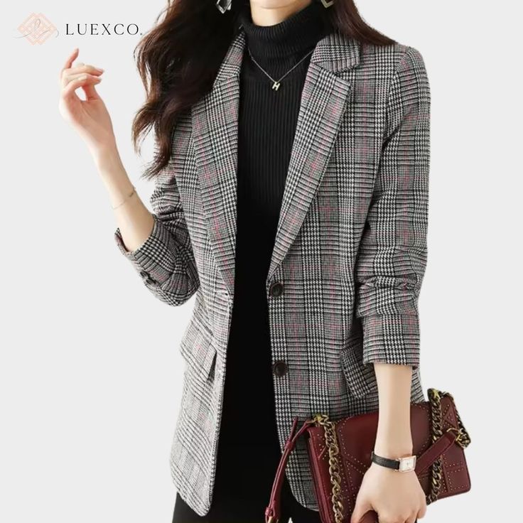 Luexco Women's Blazer British Plaid Sports Coat Gray Long Sleeve Blazer For Business Meetings, Long Sleeve Office Style Blazer For Business Meetings, Office Lady Long Sleeve Blazer For Business Meetings, Winter Business Blazer, Tailored Blazer For Business Meetings, Single-breasted Long Sleeve Professional Blazer, Office Lady Outerwear With Suit Collar, Professional Notched Outerwear For Office, Fall Blazer For Business Meetings